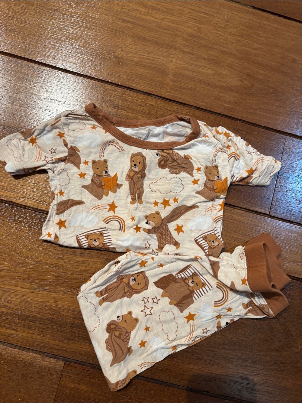 Kids Little Sleepies Reading Bear Print Pajama Set - Brown + Cream 3T